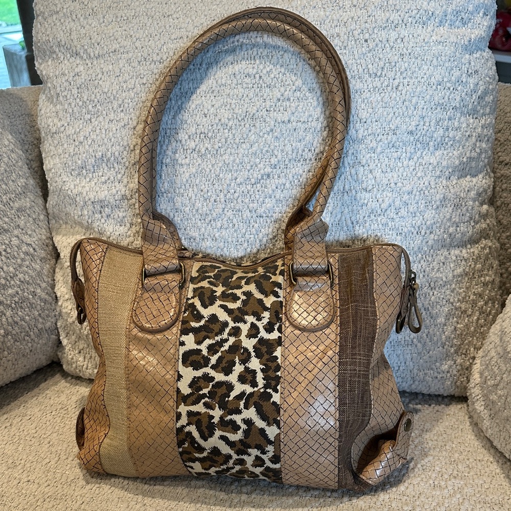 Brown and Tan leopard, snakeskin patch-work purse
